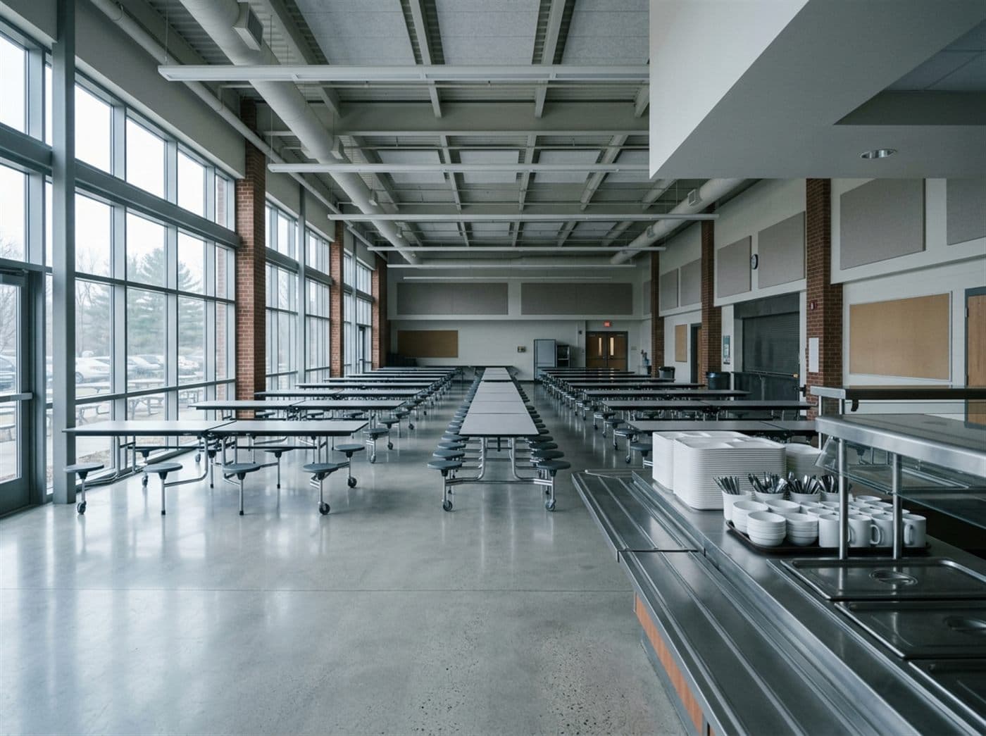 Empty school cafeteria with serving line stocked with trays and cups