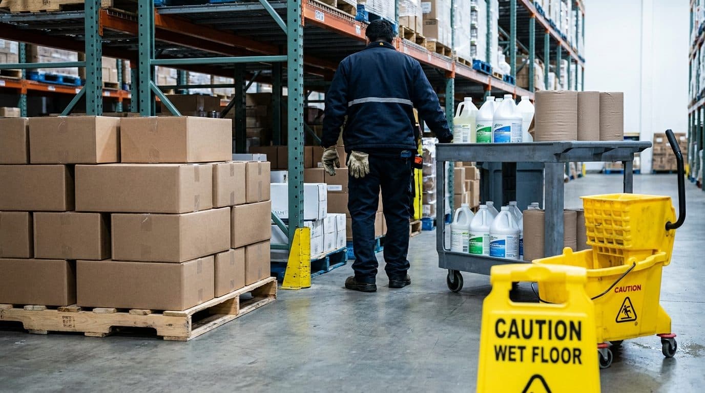 Pallets of boxed cleaning supplies in the distribution warehouse